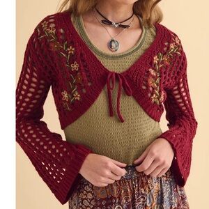 EARTHBOUND Burgundy Floral Crochet Shrug